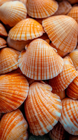 Sea shells background, closeup of seashells on the beachの素材