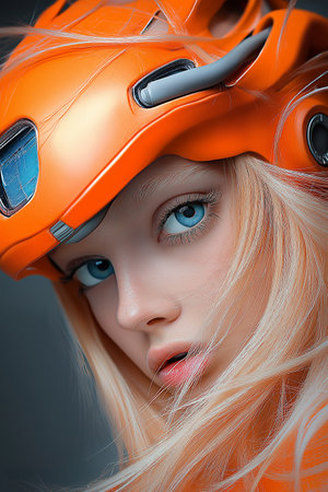3D Illustration of a beautiful girl in an orange helmet.の素材