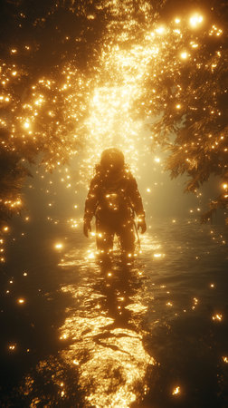 Fantasy scene with a diver in the water. 3d renderの素材