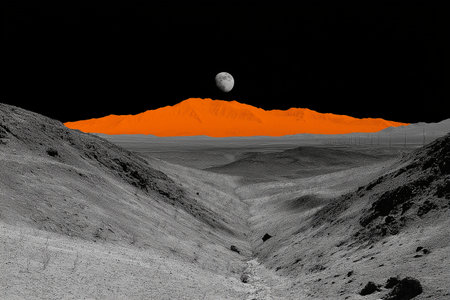 Mountain landscape with red moon in the sky. 3d illustrationの素材