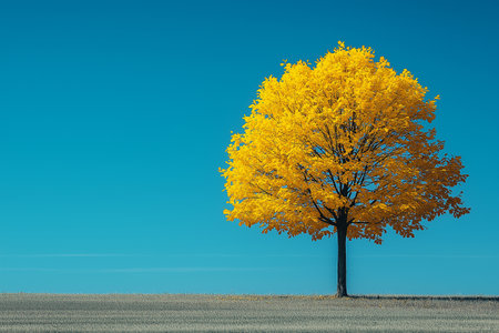 Autumn tree in the middle of the field with blue sky backgroundの素材