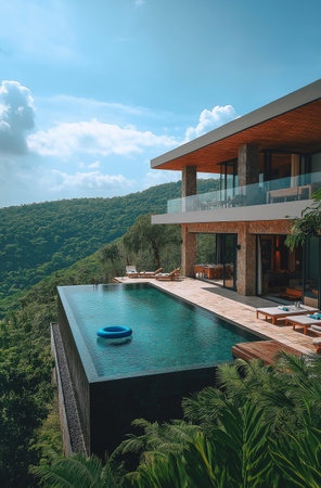 Luxury villa with swimming pool and outdoor deck. Nobody insideの素材