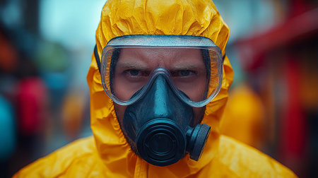 Portrait of a man in a yellow protective suit and gas maskの素材
