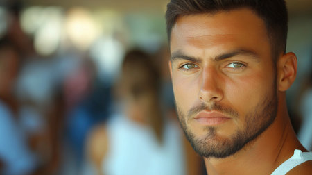 Portrait of handsome young man looking at camera with friends in backgroundの素材