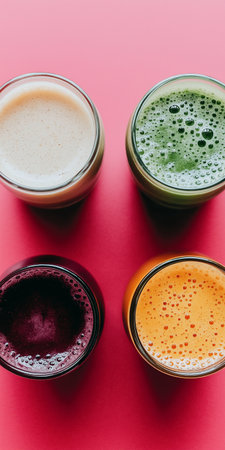 Fruit and vegetable juices in glasses on a pink background, top viewの素材