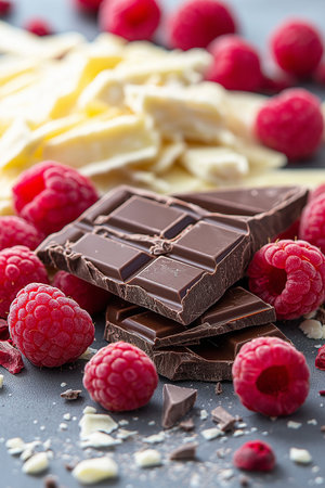 Chocolate bars with raspberries and pieces of chocolate on a dark backgroundの素材