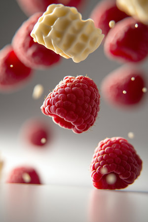 Raspberries falling into the air, close-up. Motion.の素材