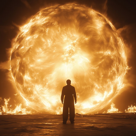 Silhouette of a businessman standing in front of a burning planetの素材
