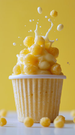 Cupcake with milk splash on yellow background. Sweet dessert.の素材