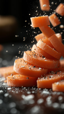 Falling water drops on fresh carrot on black table, closeupの素材
