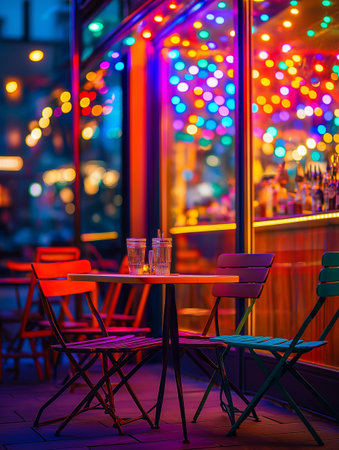 Cafe tables and chairs at night in Paris, France. Nightlifeの素材