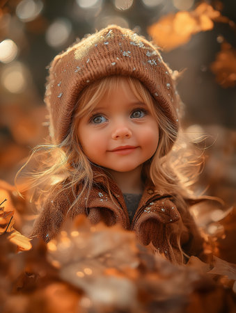 Portrait of a cute little girl in autumn park. Autumn fashion.の素材