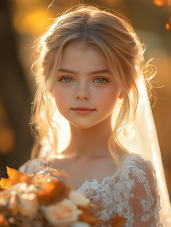 Portrait of a beautiful girl in a white wedding dress with a bouquet of flowersの素材