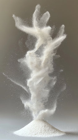 White powder splash isolated on grey background. Abstract white powder explosion.の素材
