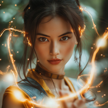 Portrait of a beautiful young woman with sparklers in the forestの素材