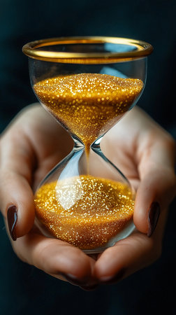 Female hand holding hourglass with golden sand on dark background. Time management conceptの素材