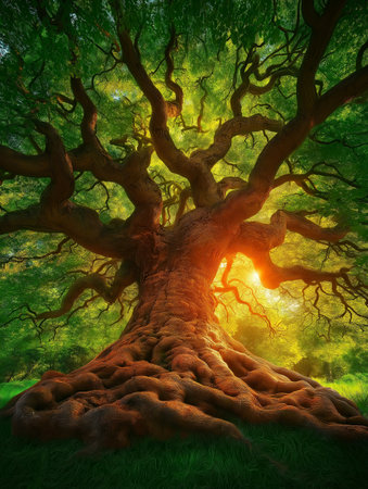 Fantasy old oak tree in the forest. 3D illustration.の素材