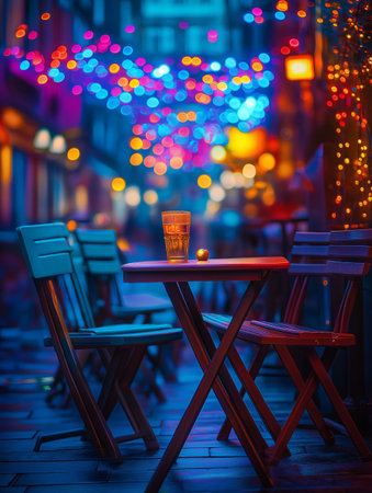 Tables and chairs in a street cafe at night, Paris, Franceの素材
