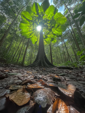 Tropical rainforest with big tree and sun rays through the leavesの素材