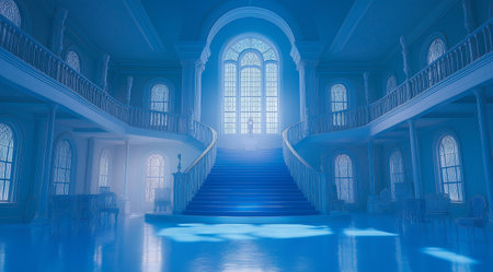 3d render of a stairway leading to a bright blue churchの素材