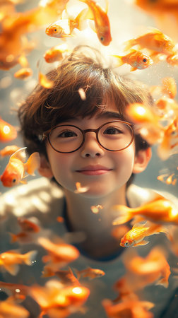 Portrait of a cute little boy in glasses and a white sweater playing with goldfishの素材