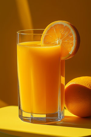 Glass of fresh orange juice with slice of orange on yellow background.の素材