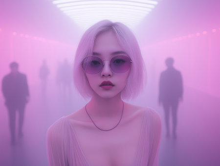 3d illustration of a beautiful girl with pink hair in a futuristic corridorの素材