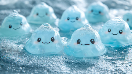 Funny blue jelly candies with smiling faces in water, closeupの素材