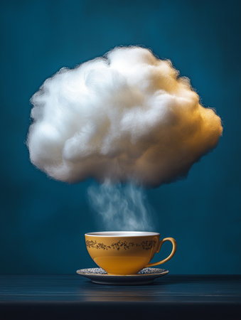 Cup of coffee with cloud on the blue background. 3d renderingの素材