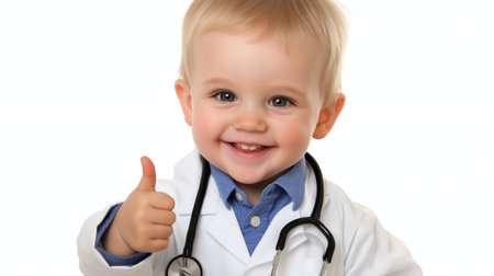 Portrait of a smiling little boy with stethoscope isolated on white backgroundの素材