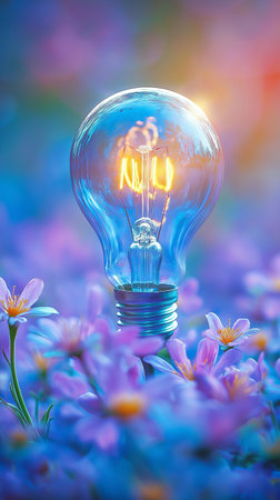 Light bulb on blue flower background with copy space. Creative idea conceptの素材