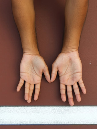 Hands of a young caucasian woman doing yoga on the floorの素材