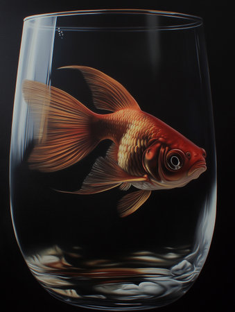 Goldfish in a glass on a black background. Studio shot.の素材