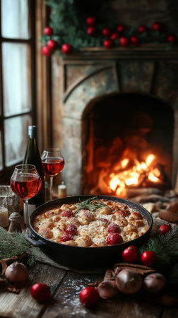 Cake with raspberries in a frying pan on a wooden table near the fireplaceの素材