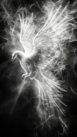 Pigeon with wings and smoke on black background. 3D renderingの素材