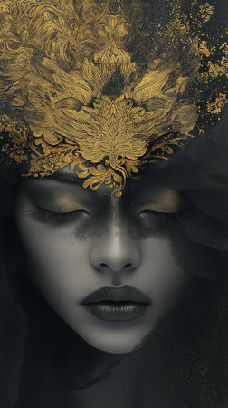 Beautiful woman face with golden mask on black background, closeupの素材