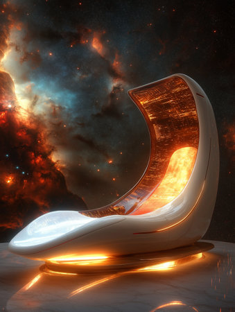 A 3D render of a futuristic rocking chair against a fantasy space background.の素材