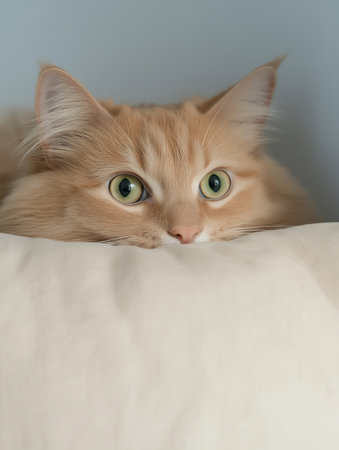 ginger cat with green eyes lying on a white pillow close-upの素材