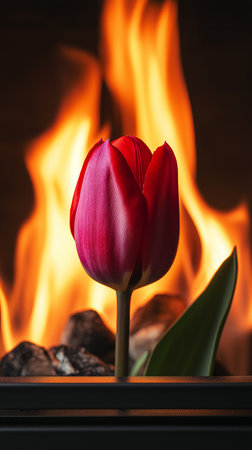 Tulips in front of a burning fireplace, close-upの素材