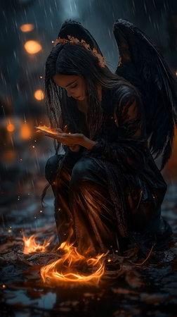 Beautiful young woman with black wings sitting in the rain and holding a bookの素材