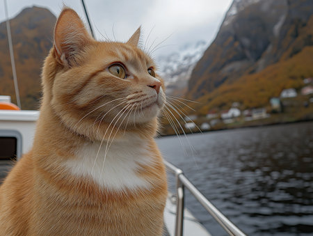 ginger cat on the deck of a yacht in the fjordの素材