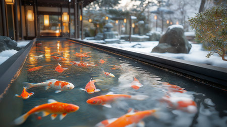 Koi fish swimming in a pond in a Japanese garden in winterの素材