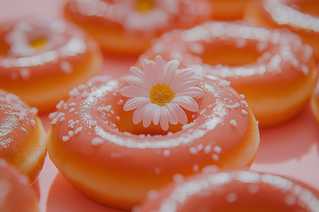 Delicious glazed donuts with daisy flower on pink backgroundの素材