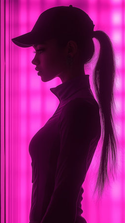 Silhouette of a beautiful girl in a baseball cap on a pink backgroundの素材