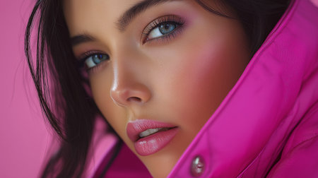 Close-up portrait of a beautiful young brunette woman in pink jacketの素材