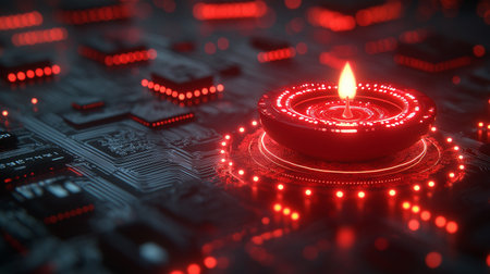 Burning diwali diya on computer circuit board. 3D renderingの素材
