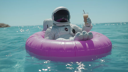 Spaceman floating on an inflatable ring in the sea. Mixed mediaの素材