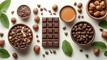 Composition with different chocolate candies on white background, top viewの素材