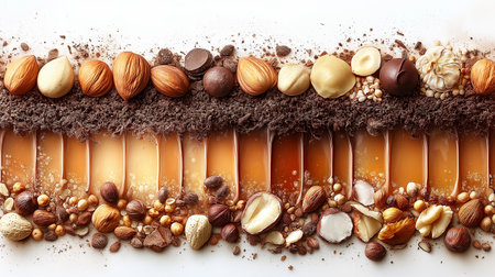 Chocolate cake with different nuts on white background, closeup viewの素材