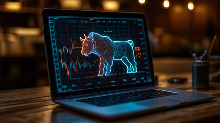 Laptop with stock market graphic on screen. Trading and investment concept. 3D Renderingの素材